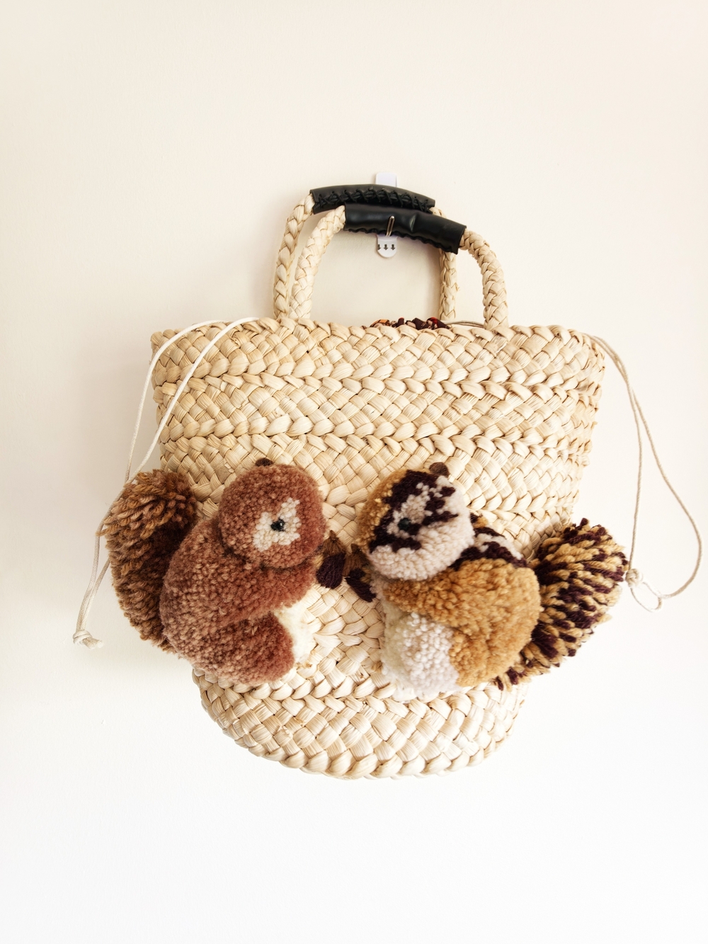 Handwoven Straw Tote Bag with Two Plush Squirrels, Nature Handmade Basket Bag